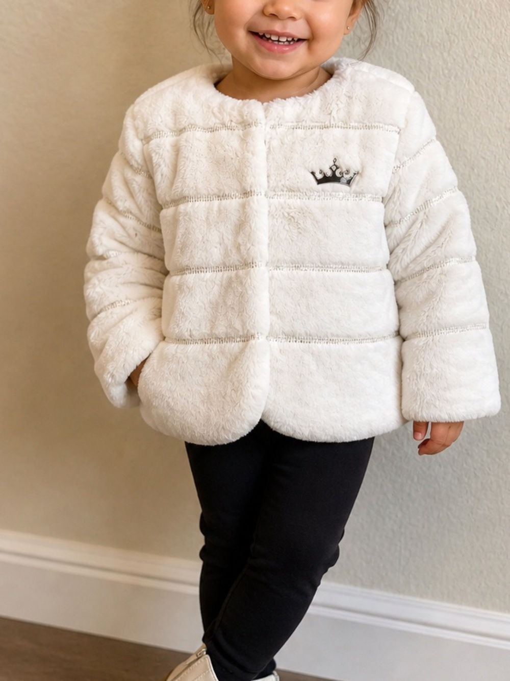 Girls Faux Fur Princess Jacket with Crown Patch